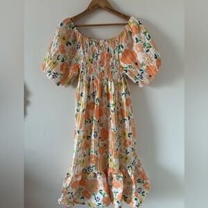 Unknown Floral Off-Shoulder Smoked Puff  Short Sleeve Dress - Size S